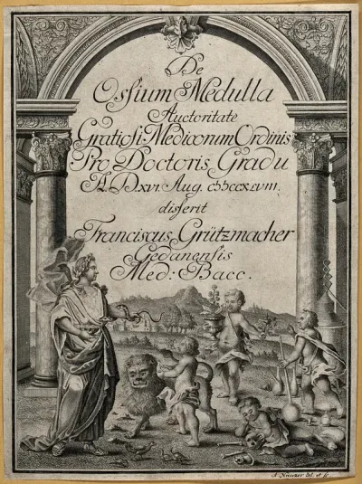 Aesculapius, representing medicine, receives homage from putti who bring him symbols of botany, natural history, chemistry and anatomy