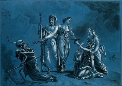 Aesculapius (representing medicine) routing death, Ceres (?) supplying milk to the starving