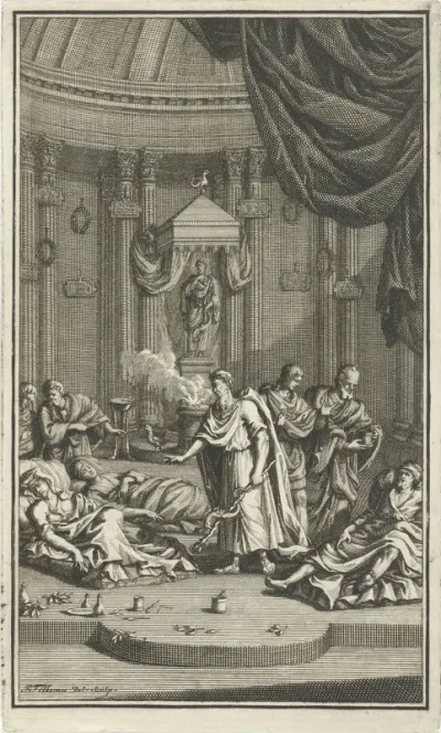 Aesculapius verpleegt zieken in een tempel