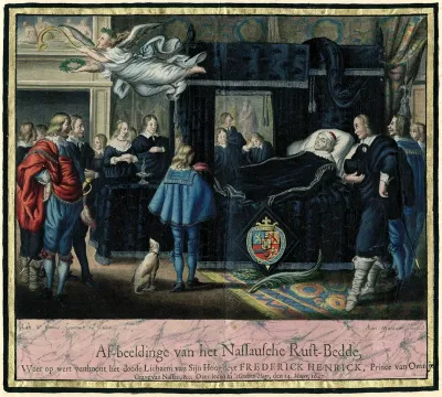 Af-beeldinge van het Nassausche Rust-Bedde, Waer op wert verthoont het doode Lichaem van Sijn Hoogheyt Frederick Henrick, Prince van Oranjen, Grave van Nassau, &c. Over-leden in 'sGraven-hage, den 14. Maert, 1647