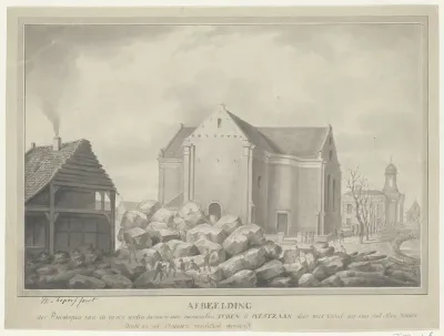Afbeelding der Puinhopen van de op den eersten Januarij 1843 neergevallen Toren te Westzaan door welk Onheil een huis met Man, Vrouw, Knecht en vijf Kinderen verpletterd werden