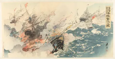 Afbeelding van de Chinees-Japanse Oorlog en de grote overwinning van de Japanse marine nabij Dagushan