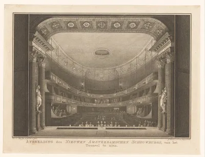 Afbeelding van den Nieuwen Amsterdamschen Schouwburg, van het Tooneel te zien