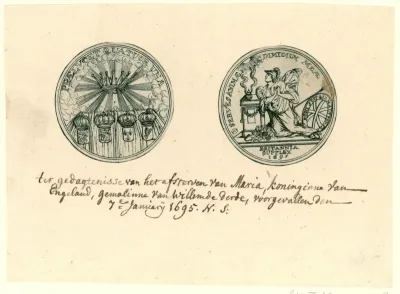 Afbeelding van een penning vervaardigd naar aanleiding van de dood van Maria Stuart II, 1695