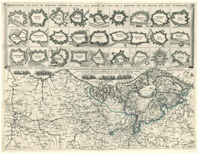 Afbeeldinge van alle de stercke steden die anno 1672 binnen de tydt van 2 maenden aen de France etc zyn overgegaen [en] d' 17 Neederlantse Proventie met de aengrensende landen als Vranckryck Ceule Munst. etc.