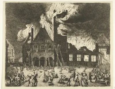 Afbeeldinge van het oude Stadthuys tot Amsterdam verbrant op den 7 Iuli 1652