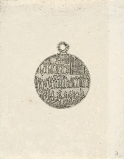 Afdruk van de achterzijde van een gegraveerde penning met de begrafenis van Jacob van Heemskerck