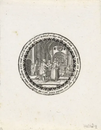Afdruk van een medaillon met een voorstelling van een trouwceremonie in een kerk