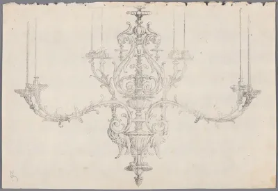 Afdruk van een tekening van een kroonluchter met maskers