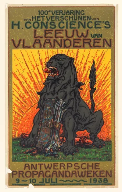 Affiche ter gelegenheid van het honderdjarig jubilieum van de publicatie van De Leeuw van Vlaanderen door Henri Conscience