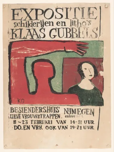 Affiche voor expositie schilderijen en litho's van Klaas Gubbels in het Besiendershuis, Nijmegen