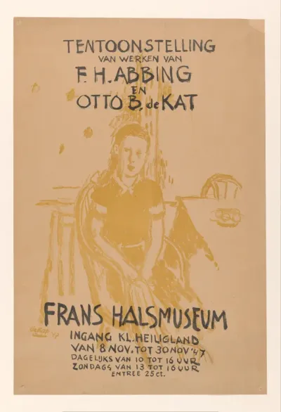 Affiche voor tentoonstelling van werken van F.H. Abbing en Otto B. de Kat in het Frans Hals Museum