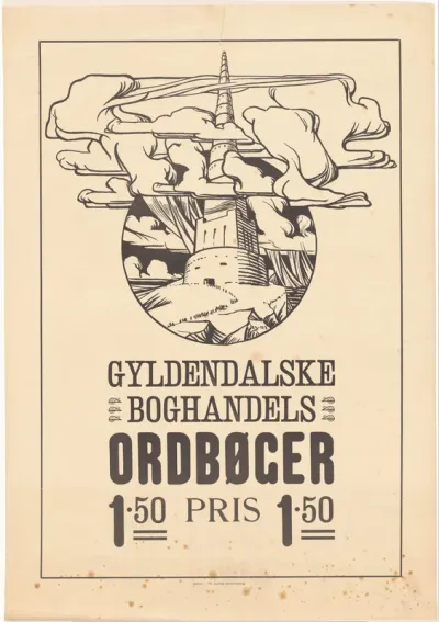 Affiche voor woordenboeken uitgegeven door boekhandel Gyldendal te Kopenhagen