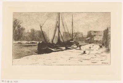 Afgemeerd zeilschip aan een besneeuwde kade