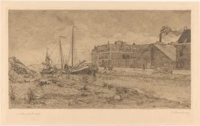 Afgemeerde schuiten bij een fabriek