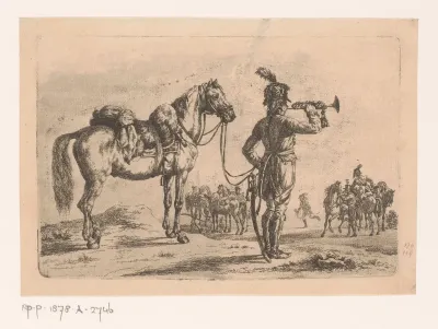 Afgestegen cavalerist blaast op een trompet