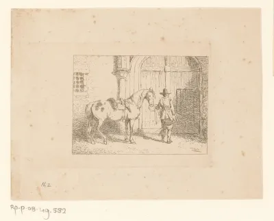 Afgestegen ruiter met zijn paard bij een poort