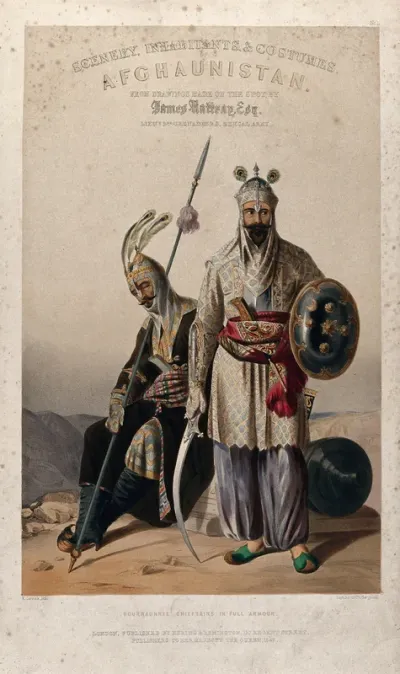 Afghan leaders in military costume with armour and weapons, Afghanistan