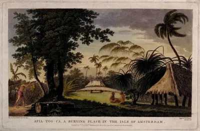 Afia-Too-Ca, a burying place in Tongatapu, Tonga, with three people, several huts and surrounding palm trees