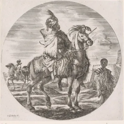 Afrikaanse man met tulband en speer te paard, rechts een tot slaaf gemaakte jongen