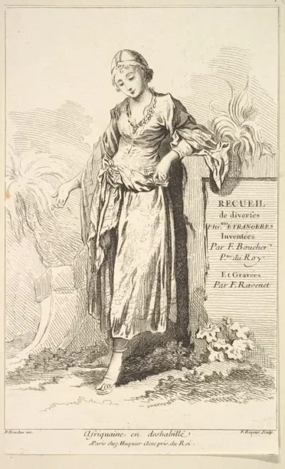 Afriquaine en deshabillé, plate 1 from "Recueil de diverses fig.res étrangeres Inventées par F. Boucher P.tre du Roy et Gravées par F. Ravenet" (Collection of Various Foreign Figures, Devised by F. Boucher, Painter of the King and Engraved [etched] b