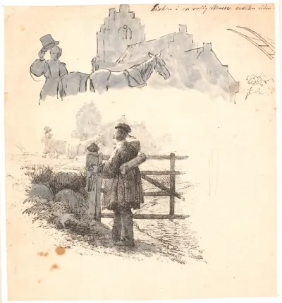 Aftenstunden. F.o. studie af bonde-manden ved kirken. Illustration til Kaalunds "Fabler for Børn". Se kommentar fra arkkatalog.