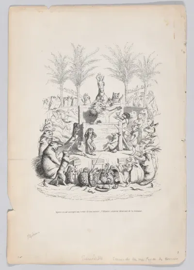 After accepting a glass of sweet water, the illustrious orator descends from the platform, from "Scenes from the Private and Public Life of Animals"