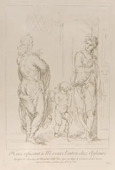 Aglauros preventing Mercury to enter Herse's room, with Cupid at center