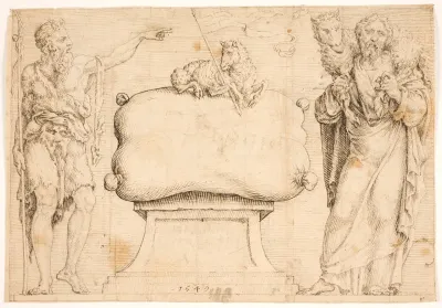 Agnus dei (Johannes Døber t.v. og Kristus som den gode hyrde t.h.)