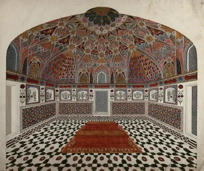 Agra: Mausoleum of Itmad-ud-Daula, interior view of the dome over the tombs