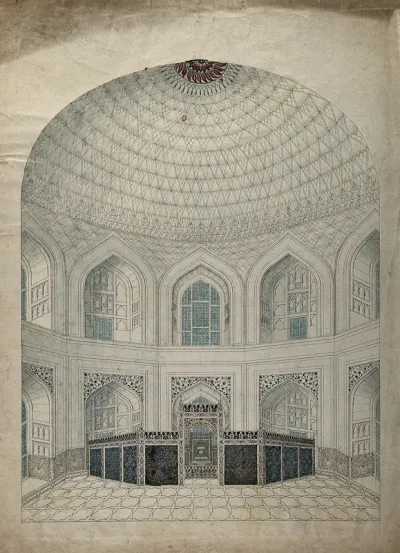 Agra: the Taj Mahal, interior view of the vaulted dome over the tombs of Shah Jahan and Mumtaz