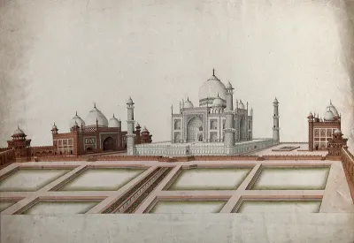 Agra: View of the Taj Mahal and the two red sand stone buildings on either side