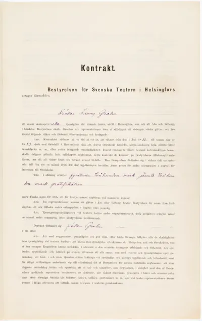 Agreement on the termination of Fanny Sinebrychoff’s (née Grahn) acting contract with the Swedish Theatre in Helsinki