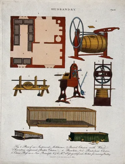 Agriculture: a plan for an improved dairy, dairy paraphernalia, and an artificial incubator for newly-hatched chicks