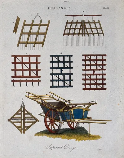 Agriculture: a plough and other farming implements