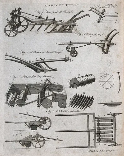 Agriculture: a plough and other implements