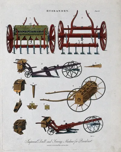 Agriculture: a plough and other implements