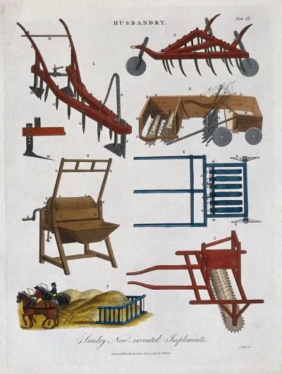 Agriculture: a plough, and various other implements