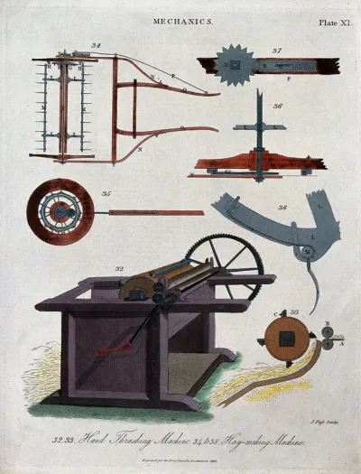 Agriculture: (above) a haymaking machine driven by a horse (five figures); (below) a hand-operated threshing machine