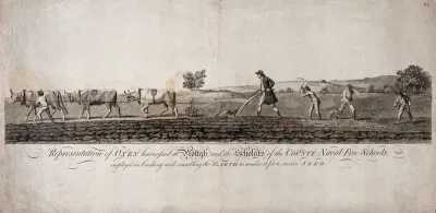 Agriculture: schoolboys variously employed ploughing, digging, and raking earth