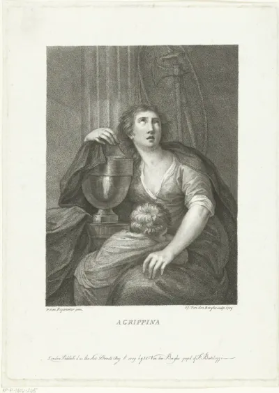 Agrippina de Oudere zit bij urn met as van haar echtgenoot generaal Germanicus en treurend kind