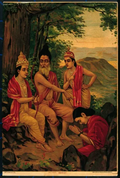 Ahalya the nymph being released from a curse by Rama and Lakshman