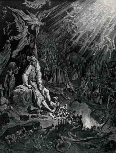 Ahasuerus (the Wandering Jew) man sits in hell among the shades, decrepit and tormented by Satan