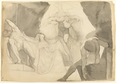 Aided by Eeriboia, Hermes Carries Off the Exhausted Ares from the Sleeping Sons of Aloeus (recto); Sketch of One of the Sleeping Sons of Aloeus (verso)
