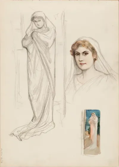 Aino Ackté as Alcestis, sketch of the face and two full body sketches