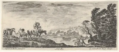 Air, a landscape during a hurricane, three horsemen battling the wind, a mass of trees to the right, from "The Four Elements" (Les Quatre Eléments)