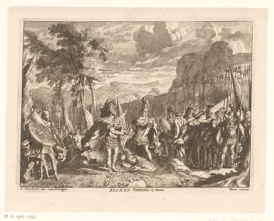 Ajax en Odysseus twisten om de wapens van Achilles