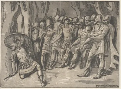 Ajax lower left holding a shield aloft, at the right stands Agamemnon surrounded by his soldiers