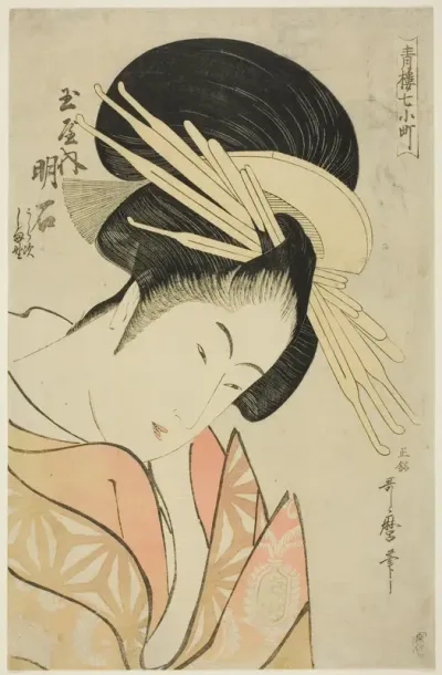Akashi of the Tamaya, from the series Seven Komachis of Yoshiwara (Seiro nana Komachi) (Tamaya uchi Akashi, Uraji, Shimano)