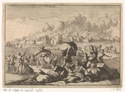 Aken brandt terwijl inwoners vluchten, 1656